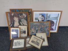 A box of assorted framed prints - Monet, Renoir Picasso,