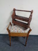 An Edwardian piano stool and a rustic pine magazine rack