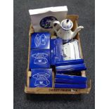 A box of a quantity of boxed and unboxed Ringtons willow pattern tea ware