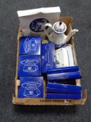 A box of a quantity of boxed and unboxed Ringtons willow pattern tea ware