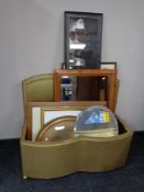 A gold loom blanket box containing assorted framed and unframed mirror, prints,