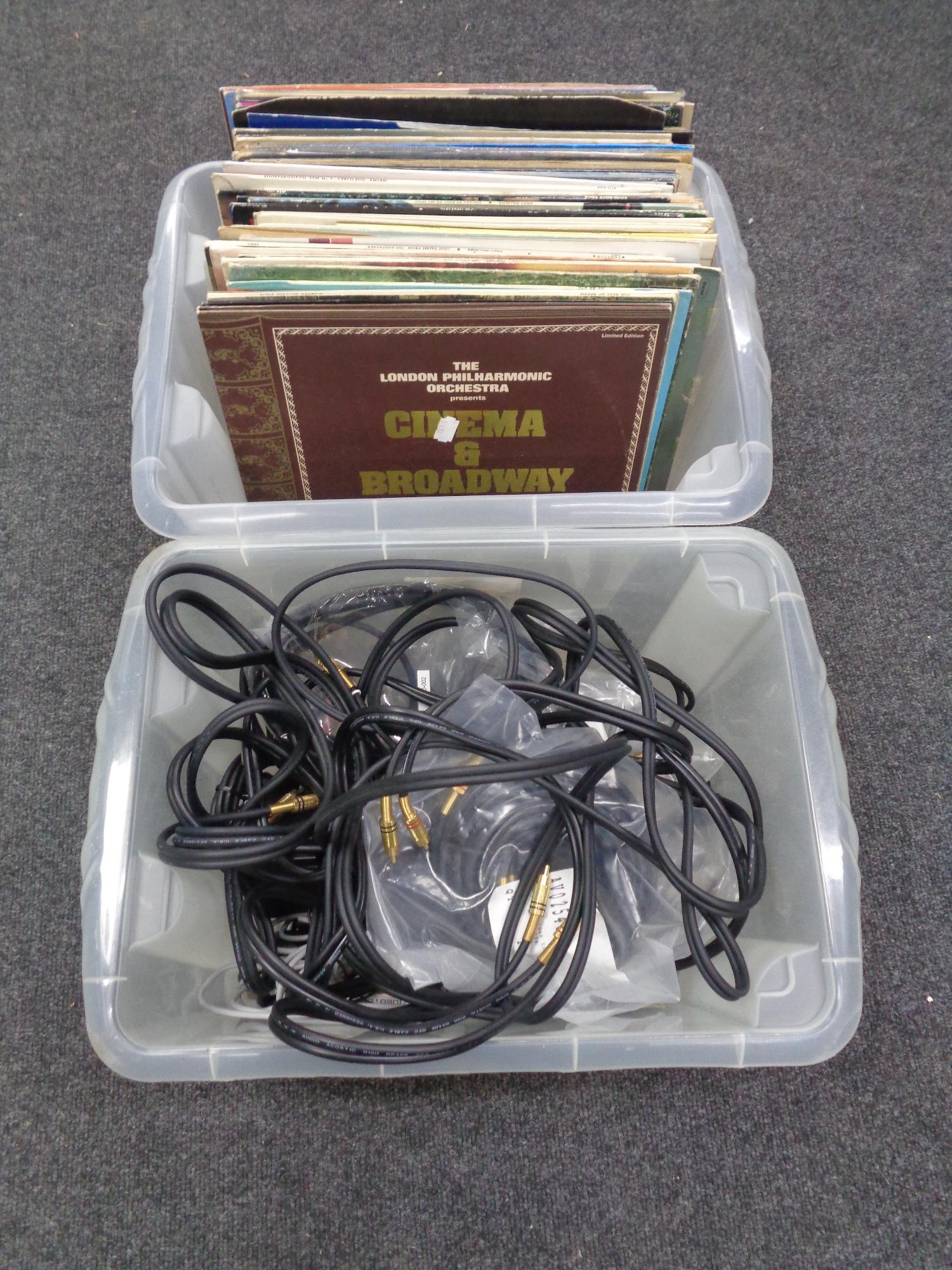 Two boxes containing vintage Defiant radio, large quantity of Hi-Fi cables, quantity of LP records,