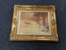 An oil on board, shepherd herding sheep in a winter landscape,