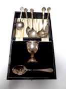 A cased Birmingham silver egg cup and spoon together with five further pieces of silver cutlery