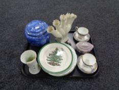 A tray containing assorted ceramics to include pair of Paragon bone china teacups with saucers,