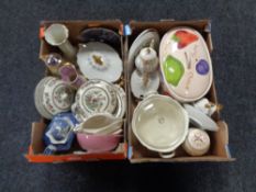 Two boxes containing miscellaneous china to include Indian Tree dinnerware, vases, bread crock,