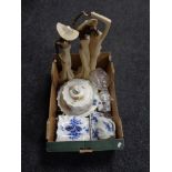 A box of contemporary figures, Leonardo collection Art Deco china mantel clock, cut glass decanter,