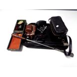 A tray of assorted cameras : Olympus, Kodak, Praktica, field glasses,