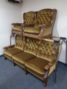 A wood framed button dralon upholstered three piece lounge suite