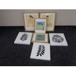 A box of four contemporary Chinese pine framed prints and three pieces of wall art