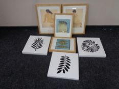 A box of four contemporary Chinese pine framed prints and three pieces of wall art