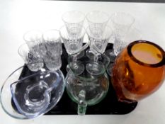 A tray containing assorted glassware to include set of four lead crystal tumblers,
