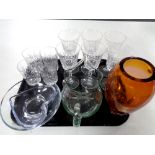 A tray containing assorted glassware to include set of four lead crystal tumblers,