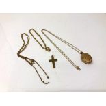 9ct gold jewellery comprising a locket on chain, a crucifix,