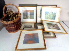 A crate containing a wicker hand basket, four brass wall lights,