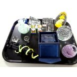 A tray containing assorted glassware to include paperweights, Caithness glass vase,