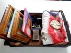 A box containing quartz watch, cuff links, costume jewellery, table cloths, embroideries,