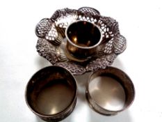 A Sheffield silver pierced rimmed dish together with three silver napkin rings