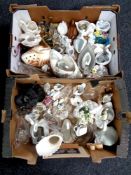 Two boxes containing a large quantity of swan ornaments to include ceramic,