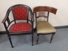 An antique mahogany shaped back dining chair together with a further armchair