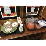 A collection of ceramics and glass to include Maling chestnut chintz, twin handled dish,