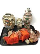 A tray of Japanese wares to include Satsuma earthenware vase depicting a pheasant (hairline crack),