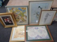 Six large framed prints to include world map, a M Glyne signed Art Deco print,