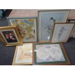 Six large framed prints to include world map, a M Glyne signed Art Deco print,