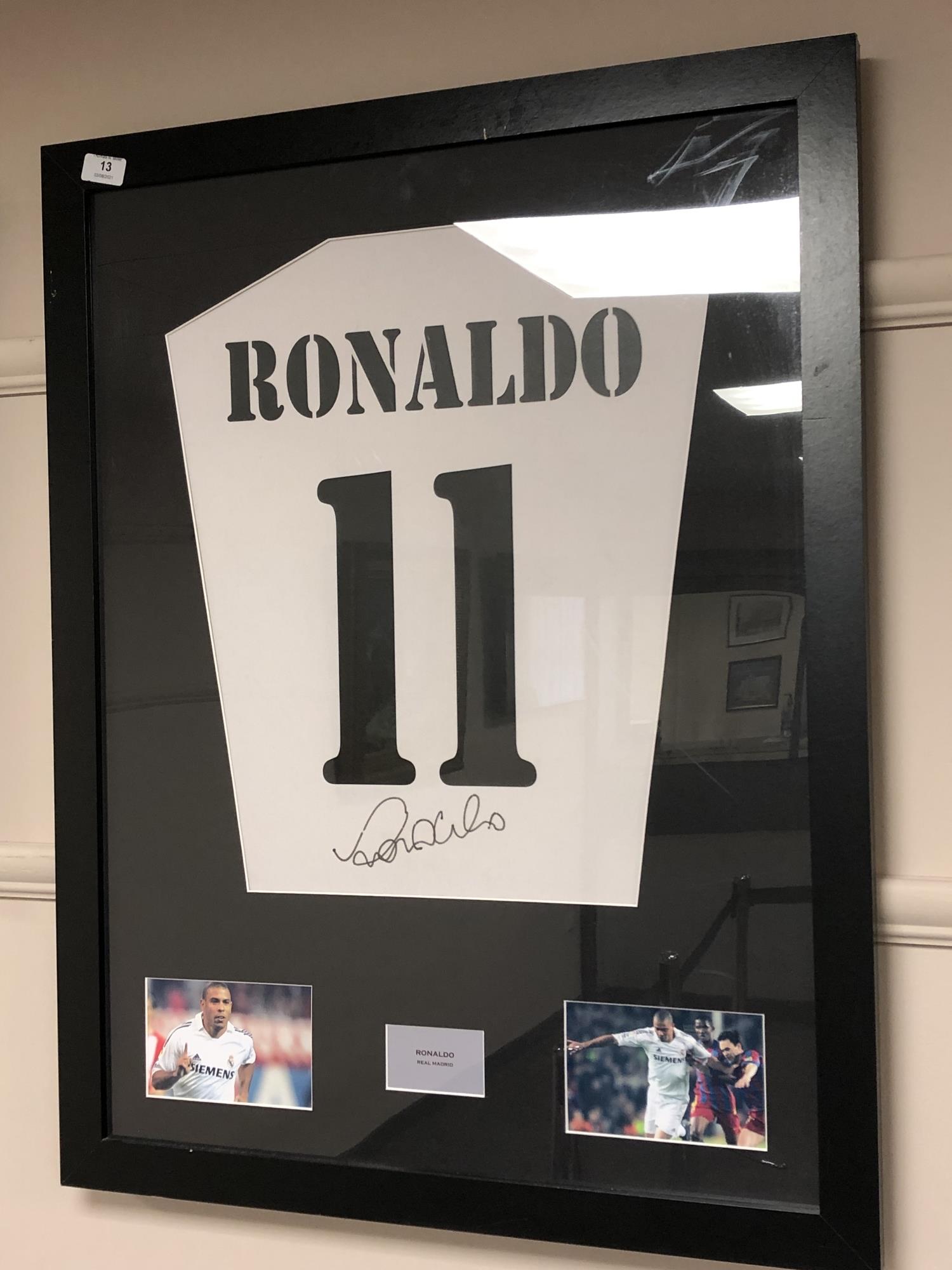 A sporting memorabilia montage : Ronaldo, facsimile signed ,