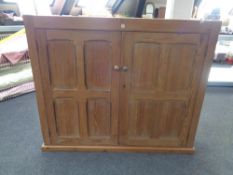 An antique pine double door school cupboard retailed by The Educational Supply Associates of London