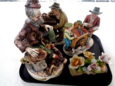 A tray containing three Capodimonte figures, Tinker, Organ Grinder and Fruit Seller,