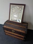 An early 20th century wooden bound dome topped Drawco trunk together with a framed map of