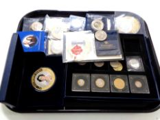 A tray containing a quantity of assorted coinage to include commemorative proof coins, crowns,