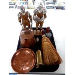 A tray containing miscellaneous to include antique copper lidded pot and bowl, hand brushes,