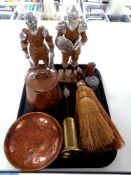 A tray containing miscellaneous to include antique copper lidded pot and bowl, hand brushes,