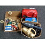 Three boxes containing hand held vacuums, brass wall lights, Black and Decker electric drill,