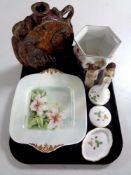 A tray containing a studio pottery circular vase, Wedgwood cabinet china,