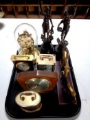 A tray containing assorted mantel clocks, brass figure, mare with foal,