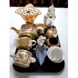 A tray containing assorted china to include Sadler tea ware, an Arthur Wood Art Deco vase,