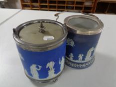 Two Wedgwood Jasperware silver rimmed biscuit barrels (one missing lid)