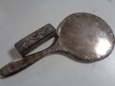 A silver backed hand mirror together with a silver embossed box