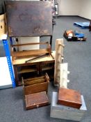 An antique oak double door wall cabinet together with an adjustable bed table, book trough,