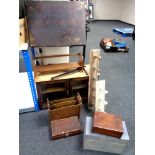 An antique oak double door wall cabinet together with an adjustable bed table, book trough,