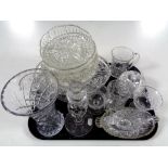 A tray containing a large quantity of cut glass to include candlestick vases, dishes,