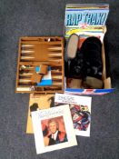 A box containing a quantity of LPs and vinyl 7 inch singles, cased Panorama binoculars,