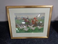 A Victorian watercolour depicting a hunting scene, signed GDR, 35cm by 25cm.