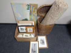 A box containing assorted framed pictures and prints including a Jim Doran signed print,