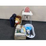 A travel cot in carry bag (as new) together with an Ikea high chair, baby bath, rocking soft toy,