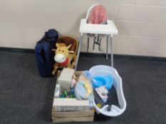 A travel cot in carry bag (as new) together with an Ikea high chair, baby bath, rocking soft toy,