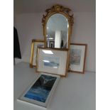 A decorative gilt framed dome topped bevel edged hall mirror together with four framed pictures to
